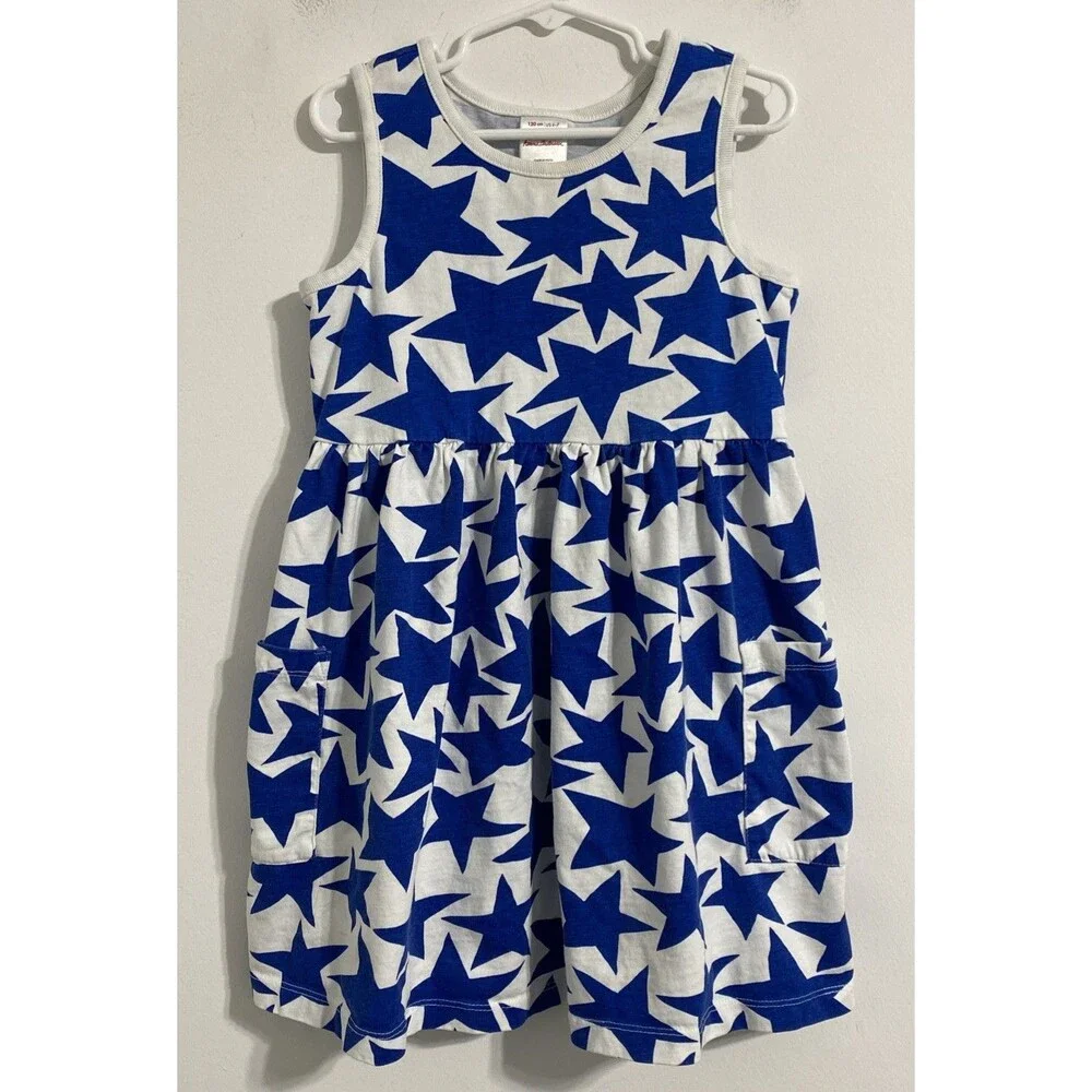Hanna Andersson Dress Girl's 120 6 - 7 Blue White Stars Sleeveless Pocket Cotton